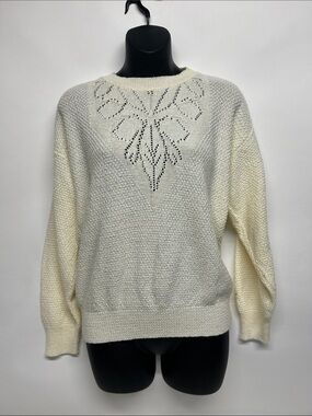 Cream Open-Knit Women's Sweater - Classic Crewneck small